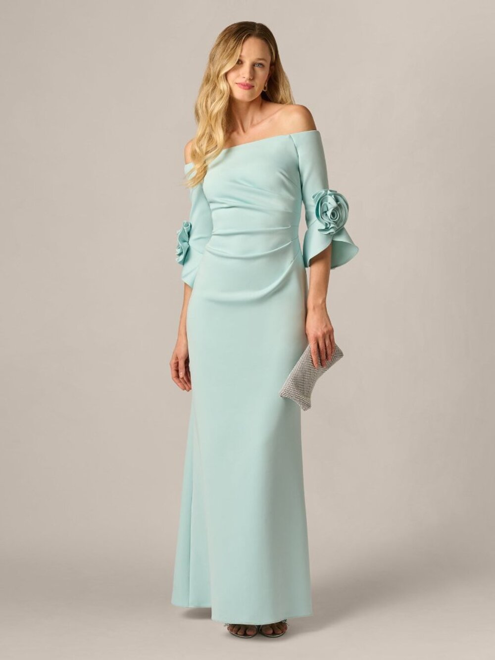 Adrianna Papell Off Shoulder Bell Sleeve Rosette Gown In Airy Aqua Size 16Airy A